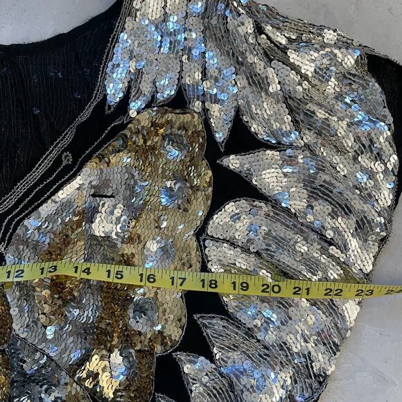 Vintage 80s Silver Gold Sequin Butterfly Silk Top Sz L NYE Glam Party Statement - Picture 8 of 9
